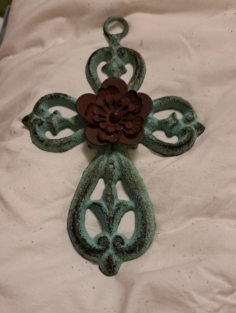 Hobby Lobby Patina Turquoise Wall Cross with Brown Flower